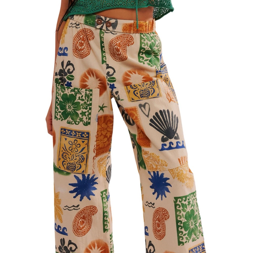 Free People Cotton Wide Leg Printed Seaside Pull On Pants Size S NWOT